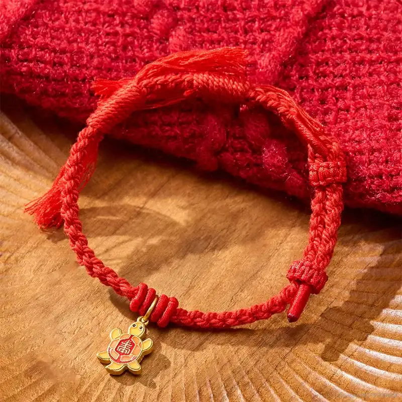 Red Copper & Textile Cord Turtle Bracelet, 14–17 cm