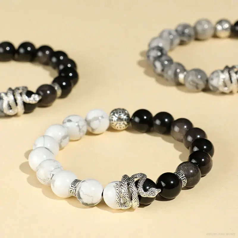 Turquoise, Obsidian & Silver-Tone Bracelet