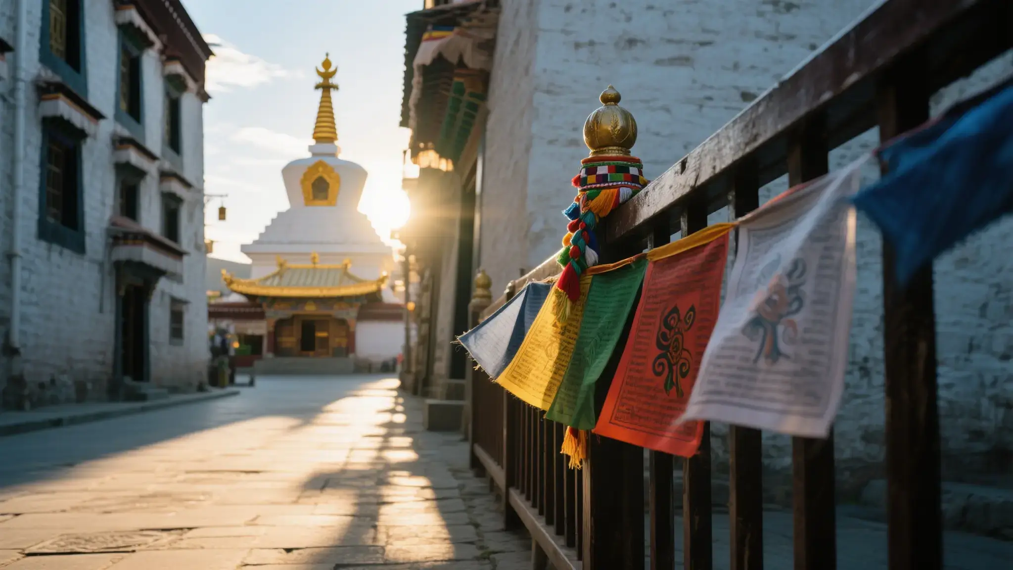 Snowland Muse Lhasa Moments collection artwork with prayer flags and a stupa
