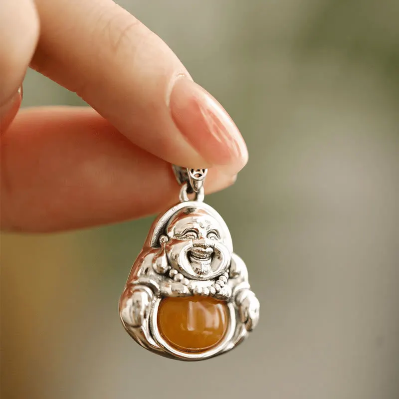 Laughing Buddha Copper & Amber-Tone Pendant · view 1