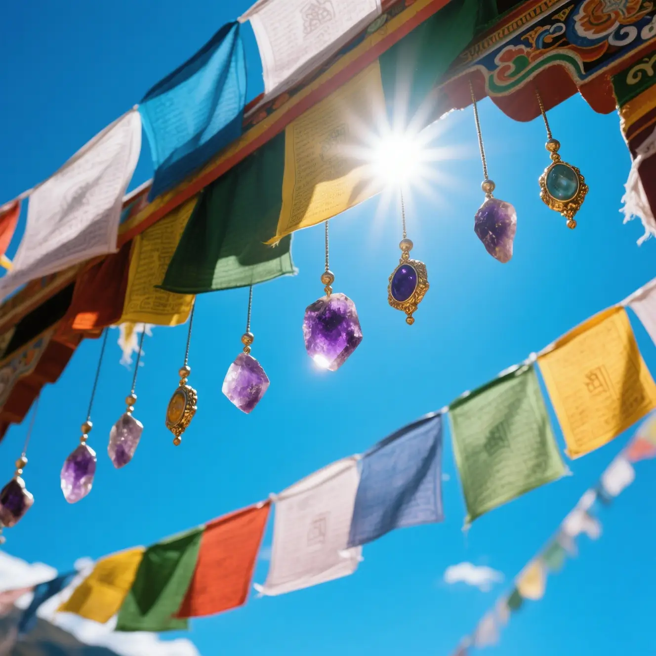Artistic crystal composition beneath prayer flags