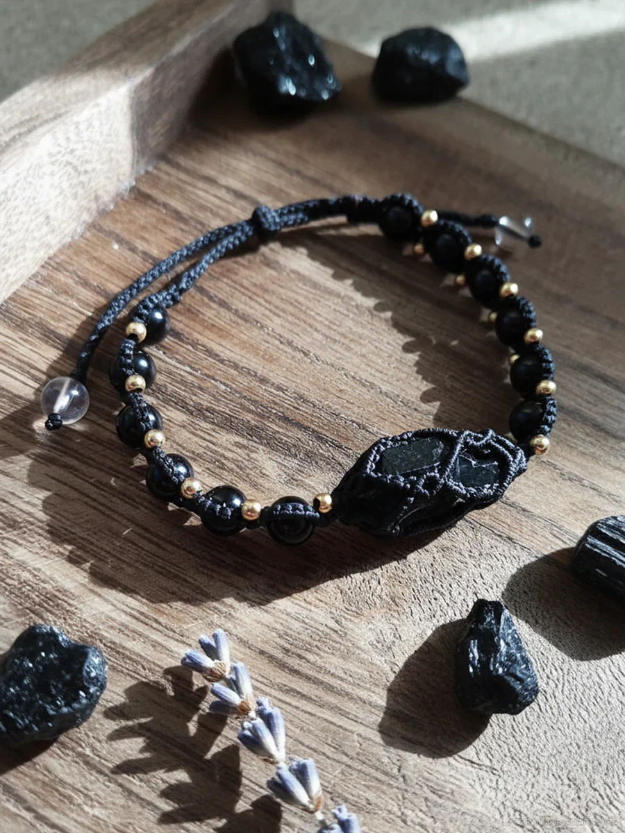 Black Black Tourmaline, Brass & Textile Cord Bracelet
