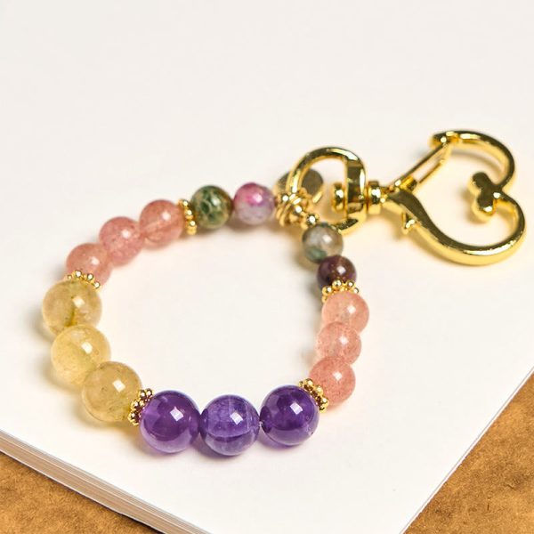 Snowland Muse Natural Strawberry Quartz Amethyst Citrine Beads Love Key Chain Hanging Decoration