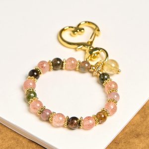 Snowland Muse Natural Strawberry Quartz Crystal Beads Positive Key Chain Phone Hanging Decoration