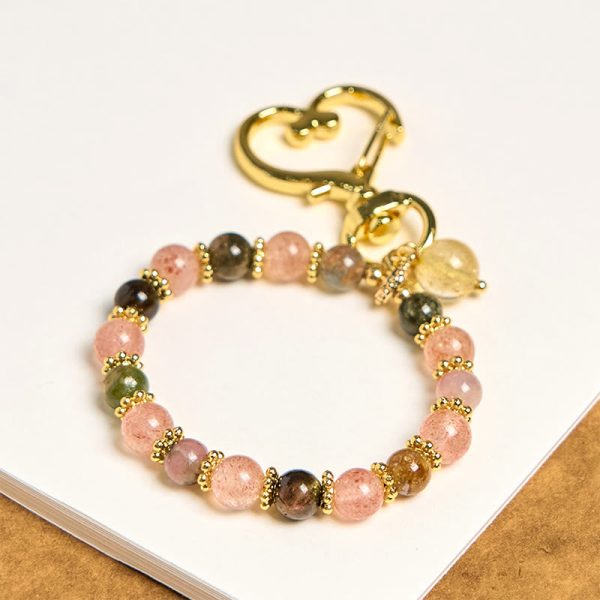 Snowland Muse Natural Strawberry Quartz Crystal Beads Positive Key Chain Phone Hanging Decoration