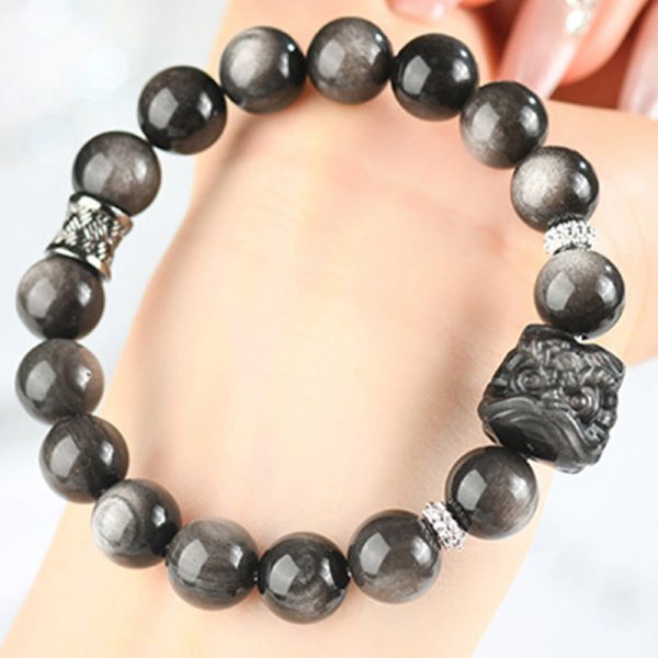 Snowland Muse Natural Silver Sheen Obsidian Lion Dance Protection Bracelet - Image 4