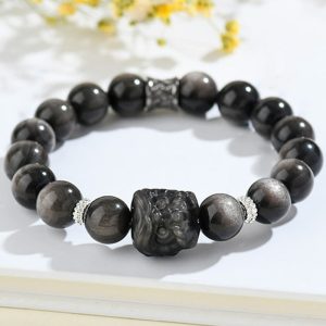 Snowland Muse Natural Silver Sheen Obsidian Lion Dance Protection Bracelet