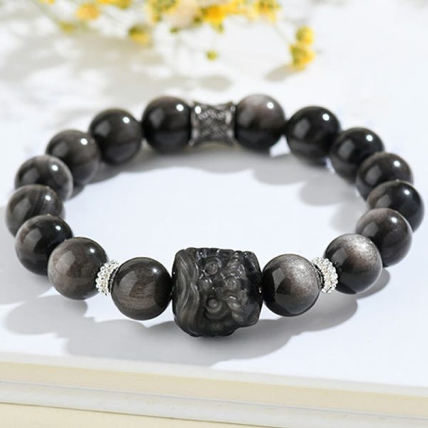 Snowland Muse Natural Silver Sheen Obsidian Lion Dance Protection Bracelet