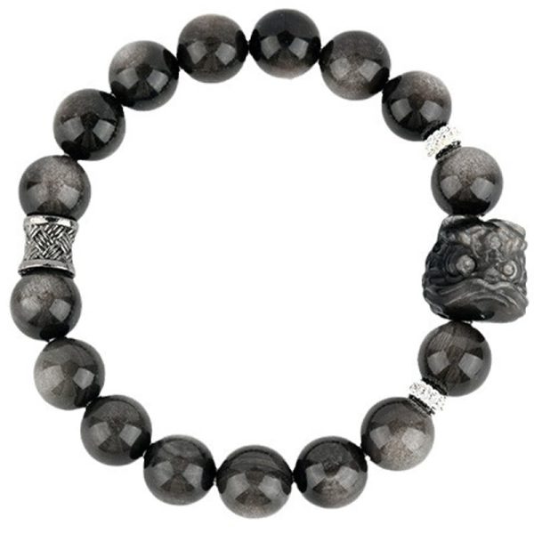 Snowland Muse Natural Silver Sheen Obsidian Lion Dance Protection Bracelet - Image 8