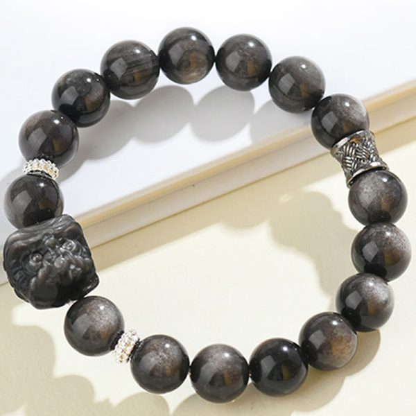 Snowland Muse Natural Silver Sheen Obsidian Lion Dance Protection Bracelet - Image 2