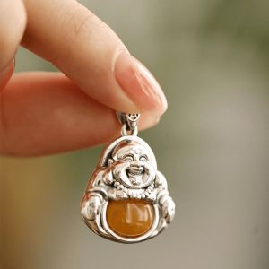 Snowland Muse Copper Laughing Buddha Pattern Amber Luck Necklace Pendant
