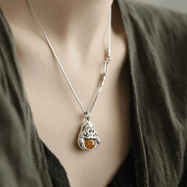 Snowland Muse Copper Laughing Buddha Pattern Amber Luck Necklace Pendant - Image 4