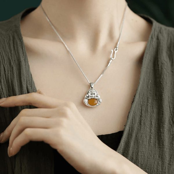 Snowland Muse Copper Laughing Buddha Pattern Amber Luck Necklace Pendant - Image 7