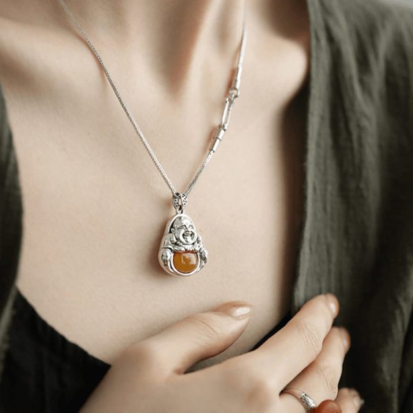 Snowland Muse Copper Laughing Buddha Pattern Amber Luck Necklace Pendant - Image 5