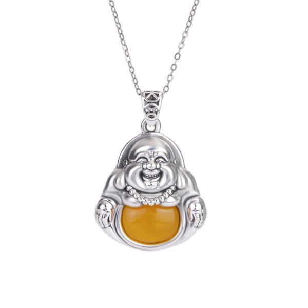Snowland Muse Copper Laughing Buddha Pattern Amber Luck Necklace Pendant - Image 3